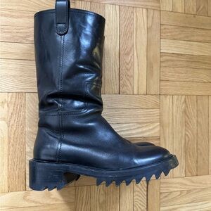 Black Moto Italian Leather Boots with rugged lug soles, in excellent condition!